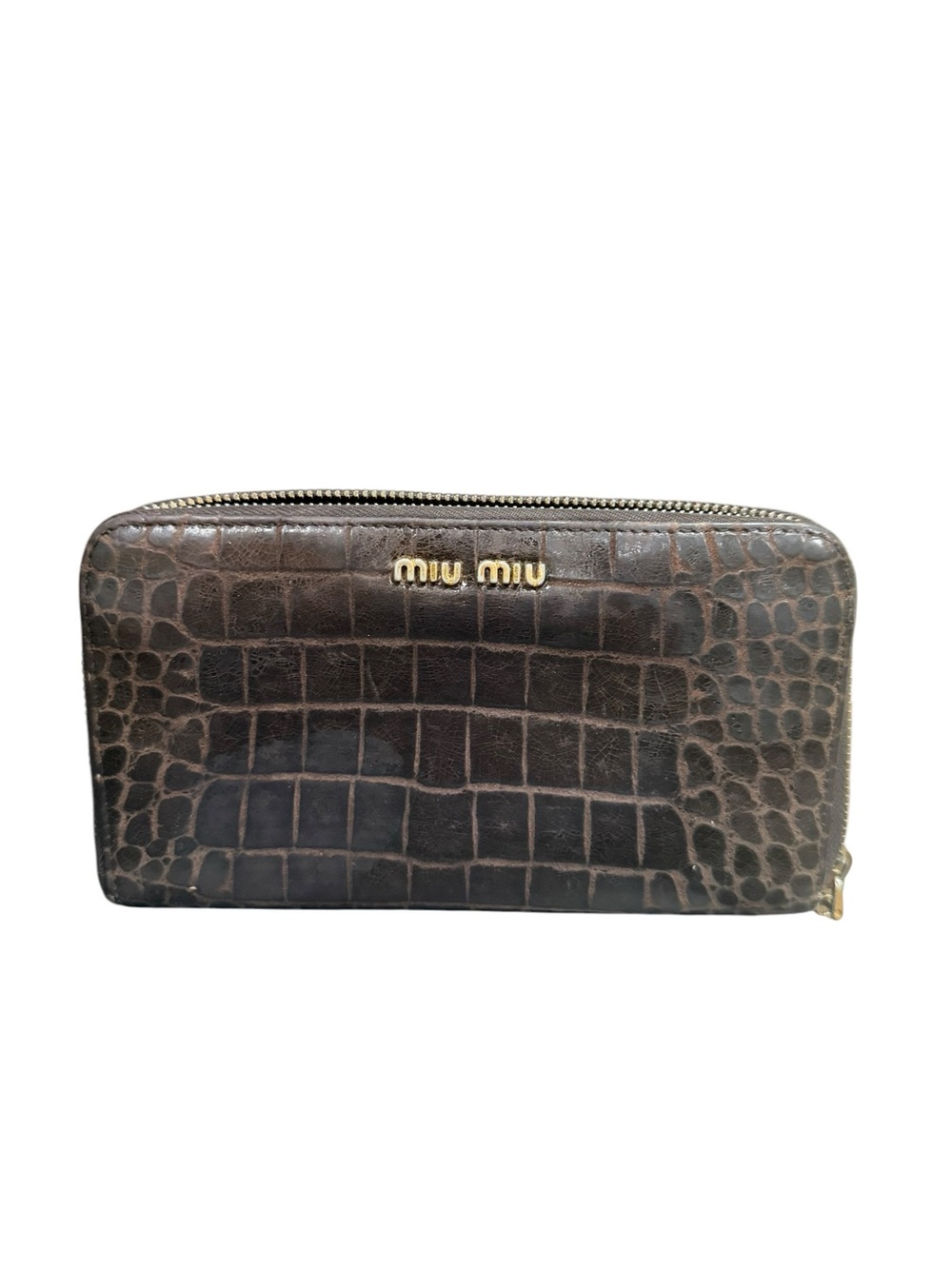 Miu Miu Brown Croc Embossed Leather Zip Around Continental Wallet Italy - Picture 10 of 10